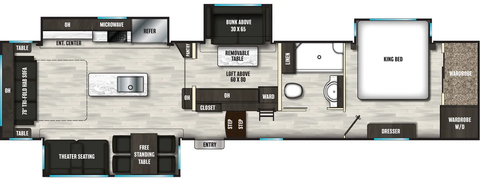 The 398MBL has four slideouts and one entry. Interior layout front to back: front bedroom with off-door side king bed slideout, front wardrobe with washer and dryer, and door side dresser; off-door side full bathroom with linen closet; ladder to loft above mid room; two steps down to entry and closet; off-door side room overhead cabinet and wardrobe along inner wall opposite the off-door side slideout with bunk above and removeable table; door side slide out containing free standing table and theater seating; kitchen island with sink; off-door side pantry and slide out with refrigerator, microwave, overhead cabinets, and entertainment center; rear tri-fold sofa with overhead cabinet and tables on each side.
